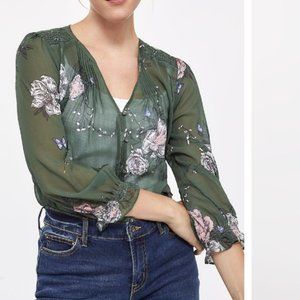 Reitmans 3/4 Sleeve Blouse with Pintucks and Smocking, Green, Size XL